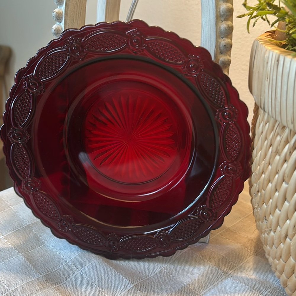 Avon 1876 Cape Cod soup/cereal bowls. Set of 4. 7 inch diameter. Cranberry red.